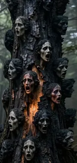 Surreal tree with haunting carved faces in forest scene.
