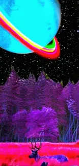 Surreal forest with vibrant galaxy view.