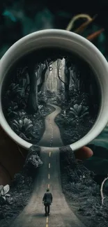 Surreal forest scene within a coffee cup with a winding path.