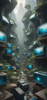 Surreal forest with stacked retro TVs and lush greenery.