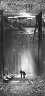 Surreal black and white forest path with two figures walking.