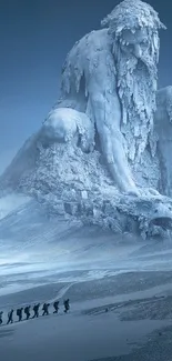 Surreal ice figure on frosty mountain with moon.