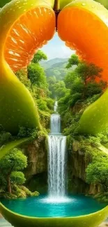 Surreal wallpaper with fruit and waterfall landscape.
