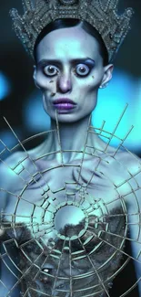 Surreal futuristic portrait with blue and metallic elements.