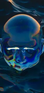 Surreal digital head on dark water backdrop in artsy style.