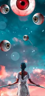 Surreal art with floating eyes and galaxy sky, viewed by a girl.