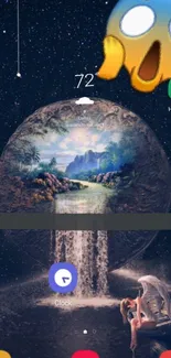 Surreal cosmic wallpaper with galaxy, waterfall, and nature elements.