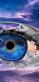 Surreal galaxy eye with purple sky and floral accents.