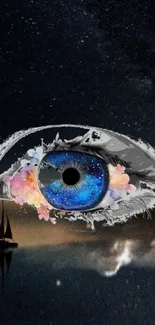 Surreal eye with galaxy theme and floral elements on a night sky background.