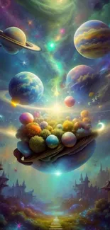 Surreal fantasy wallpaper with colorful planets and mystical landscapes.