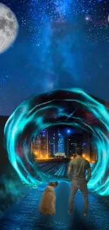 Surreal mobile wallpaper with galaxy portal and urban skyline.