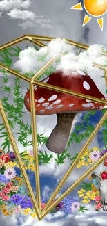 Surreal geometric art with a mushroom and flowers.