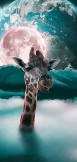 Surreal giraffe emerging through clouds with a moonlit background.