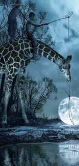 Surreal night scene with giraffe and moonlit water reflection.