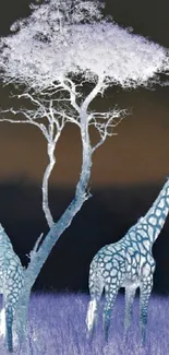 Surreal scene with giraffes and frosty tree, mobile wallpaper.