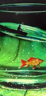 Surreal wallpaper with a goldfish in a glass, creating a magical visual effect.