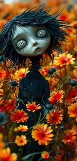 Gothic style character among orange flowers