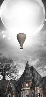 Gothic house with hot air balloon under a bright, surreal sky.