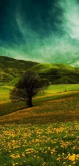 Surreal green landscape with hills and vibrant sky in a mobile wallpaper.