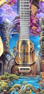 Colorful surreal guitar cityscape artwork with intricate details