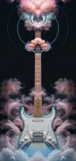 Surreal guitar with cloud art in dark blue background.