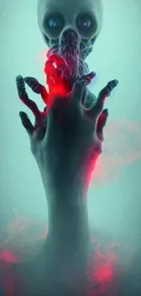 Surreal image of a hand reaching towards a skull with vibrant hues.