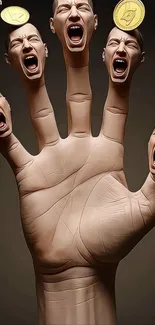 Surreal hand with faces and coins wallpaper.