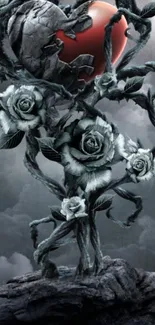 Surreal wallpaper with heart and roses.