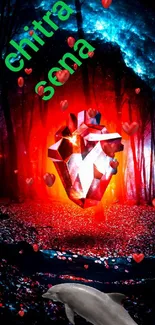 Surreal forest with geometric heart and vibrant colors.