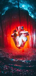 Glowing heart in a mystical forest with a vibrant, surreal atmosphere.