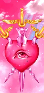 Pink surreal heart with an eye and swords amidst clouds.