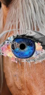 Surreal horse eye with cosmic and floral details on mobile wallpaper.