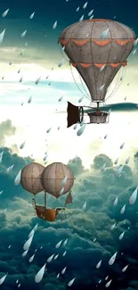 Vintage hot air balloons floating in a dreamy, surreal sky with artistic droplets.