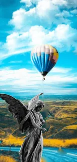 Hot air balloon soaring above statue under blue sky.