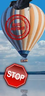 Surreal hot air balloon with stop sign floating over salt flat under blue sky.