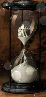 Artistic hourglass with surreal figures trapped inside, creating a unique wallpaper design.