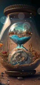 Surreal landscape with hourglass, vibrant colors, and fantasy elements.