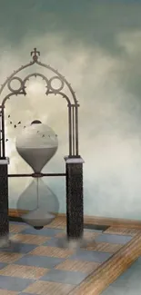 Surreal hourglass on a mystical platform with birds in flight.