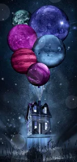 Floating house with planet balloons in cosmic scenery.