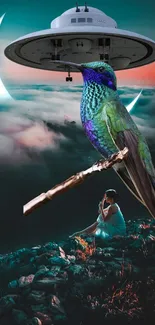 Surreal artwork featuring a hummingbird and UFO in a dreamlike landscape.