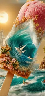 Surreal ice cream with ocean wave and beach.