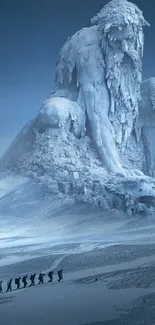 Surreal icy landscape with moon and giant frozen sculpture.