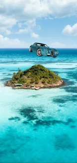 Floating car over tropical island in turquoise sea.