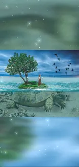 Surreal island with giant turtle and tree under a vibrant sky.