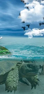 Surreal island on a giant turtle under the sea with flying birds and tree.