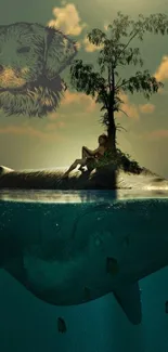 Surreal fantasy island with tree and underwater creature.