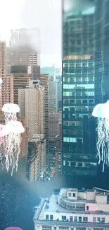 Glowing jellyfish floating above a cityscape with tall buildings.