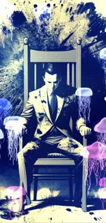 Man in a chair surrounded by vibrant jellyfish in dark blue tones.