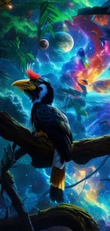 Vibrant hornbill in a cosmic jungle fantasy wallpaper.