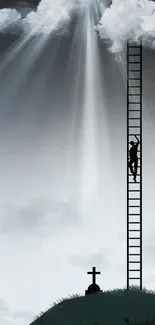 Surreal wallpaper of a ladder leading into the clouds.